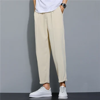Летние мужские брюки из хлопка и льна, модные повседневные брюки, однотонные свободные шорты, прямая уличная одежда 4