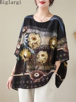 Летняя винтажная женская футболка с цветочным принтом большого размера, Корейская новая повседневная свободная женская футболка-пуловер, топы с цветочным принтом большого размера. 11