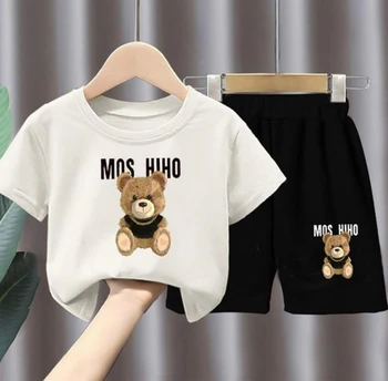 Летняя детская одежда, костюмы 2023 года, Новые футболки с короткими рукавами с мультяшным медведем для мальчиков и девочек, Топы и шорты, детская одежда, детские спортивные костюмы