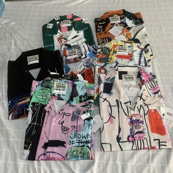 Летняя коллекция, высококачественная рубашка с граффити WACKO MARIA с лацканами, Топы с короткими рукавами, Рубашки WACKO для мужчин и женщин