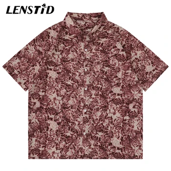 Летняя мужская гавайская пляжная рубашка на пуговицах в стиле хип-хоп, розовая дизайнерская блузка 2023, уличная одежда, Harajuku, модные повседневные рубашки Aloha