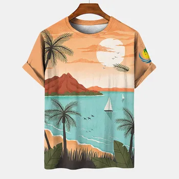 Летняя мужская футболка с 3D-принтом в гавайском пляжном стиле, повседневный пуловер оверсайз с коротким рукавом, модные футболки, мужская одежда 1