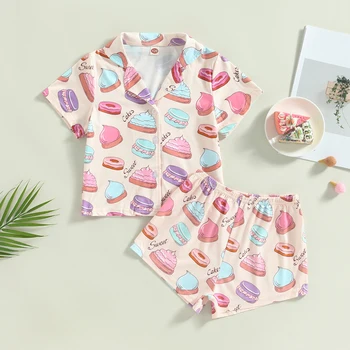 Летняя пижама Citgeett для девочек с коротким рукавом и пуговицами-пончиками, Топы + Свободные короткие брюки, одежда