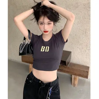 Летняя спортивная футболка Hot Girl в корейском стиле, облегающий топ для занятий йогой с короткими рукавами и буквенным принтом, женский укороченный топ для фитнеса 11