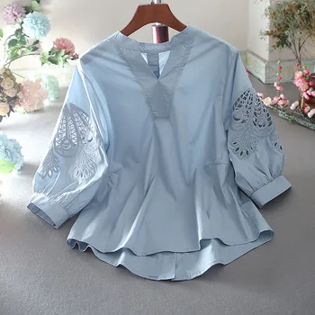 Летняя хлопковая элегантная блузка с V-образным вырезом и коротким рукавом, Женская свободная повседневная белая рубашка, Модные топы 2022 года 13