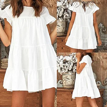 Лето 2019 г., большие размеры S-3XL, Белое хлопковое льняное повседневное женское свободное короткое мини-платье без рукавов 7