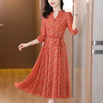 Лето 2023, красное Новое шифоновое платье с цветочным рисунком, Модное Темпераментное платье, уменьшающее возраст, на шнуровке, для похудения, длинная юбка, Корейская элегантная юбка 10