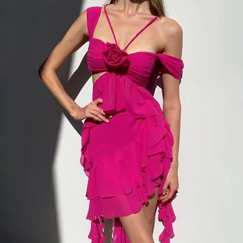 Лето 2023, новые женские модные подтяжки, сексуальное открытое платье с цветочным рисунком неправильной формы, платье для вечеринки в клубе для пляжного отдыха, Vestidos 3