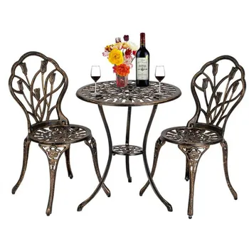 Литой алюминий в европейском стиле, уличный набор для бистро Tulip из 3 предметов, стол и стулья с красивой отделкой под античную бронзу 2