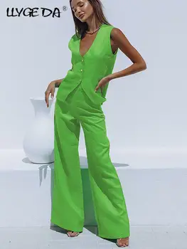 Льняные брюки, топы, комплекты из 2 предметов, женская одежда, Летний зеленый топ без рукавов с V-образным вырезом, повседневный комплект, Элегантные широкие брючные костюмы для женщин 5