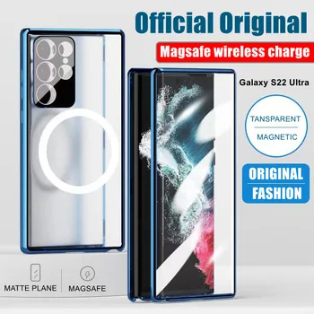 Магнитный Чехол Из Металлического Алюминиевого Сплава Для Samsung Galaxy S22 Ultra Case с Полной защитой 360 °, Адсорбционная Двойная Стеклянная Крышка Magsafe 8