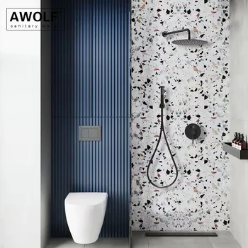 Матово-черный Современный набор для душа в ванной комнате, Блестящее серебро, Массивная латунь, 10-дюймовый Простой Встроенный Скрытый смеситель для душа AH3020
