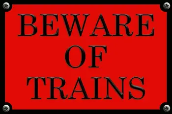 Металлическая табличка Beware Trains красного цвета в стиле ретро, примечание: недавно напечатанная, без тиснения. 8