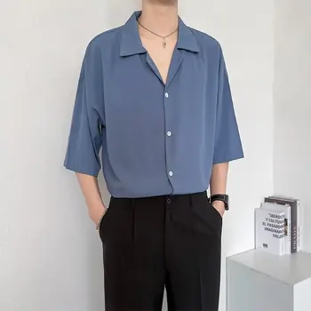 Мешковатая мужская рубашка с короткими рукавами, летняя новинка 2023, повседневная Корейская мода, свободный дышащий молодежный топ на пуговицах, индивидуальность 9