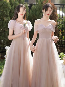Милое розовое платье подружки невесты, 4 стиля, вечерние платья с открытыми плечами и бантом, Классическое Тюлевое Элегантное свадебное платье для гостей на шнуровке 11