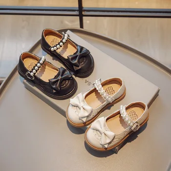 Милые кожаные модельные туфли для маленьких девочек с бантом, расшитым бисером; Черные бежевые туфли Mary Jane; нескользящие лоферы; обувь для малышей; 8