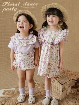 Многоцветная юбка с цветочным узором для девочек 2023, Летняя милая свободная кружевная рубашка с шортами, комплект
