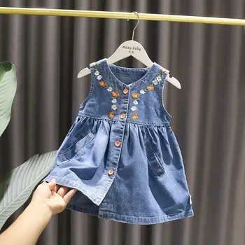 Модное платье с вышивкой для маленьких девочек, Детская осенняя одежда, Новое Модное платье для девочек в корейском стиле, Джинсовая жилетка, юбка 14