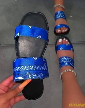 Модные женские летние тапочки на плоской подошве 2020 года, уличные сандалии с принтом, пляжная обувь с открытым носком, большие размеры 43 1