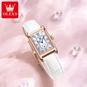 Модные Квадратные кварцевые часы бренда OLEVS для женщин, кожаные наручные часы для платья, элегантный Простой дизайн, роскошные повседневные женские часы