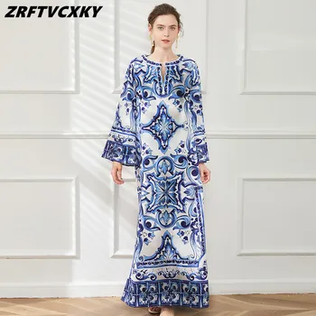 Модные осенние синие Длинные платья 2022 года для женщин с рукавами 