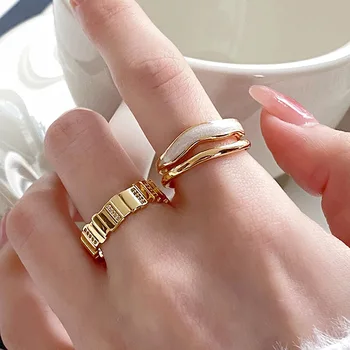 Модные эмалевые двойные широкие металлические кольца с эмалью для женщин, Элегантные Нежные кольца с цирконием, регулируемые кольца для пальцев, ювелирные изделия 2023, Корейский 11