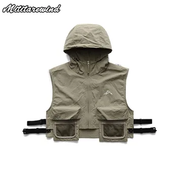 Мужская летняя жилетка с капюшоном и большим карманом из 3D сетки 2023, японская рабочая одежда в стиле ретро, топы без рукавов-карго, пальто, уличная одежда 3