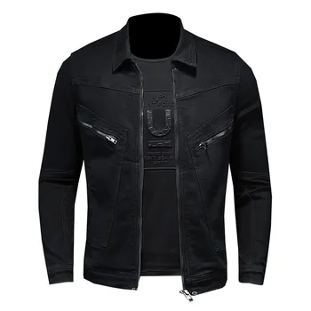 Мужская мотоциклетная байкерская джинсовая куртка, джинсовое пальто из эластичного хлопка, Черная повседневная верхняя одежда на молнии с отворотом на весну-осень