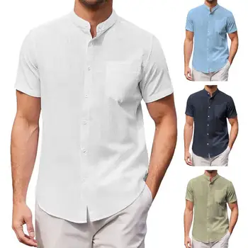 Мужская рубашка с воротником-стойкой, коротким рукавом, карманом, приталенная Летняя повседневная однотонная тонкая рубашка на каждый день
