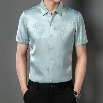 Мужская шелковая рубашка 2023, новые летние атласные рубашки с цветочным принтом, мужские платья с коротким рукавом и цветами 13