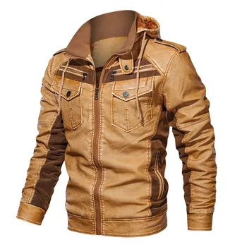 Мужские зимние плюшевые кожаные куртки, мужские мотоциклетные пальто из искусственной кожи с капюшоном, мужская модная верхняя одежда, кожаные пальто для мужчин 6