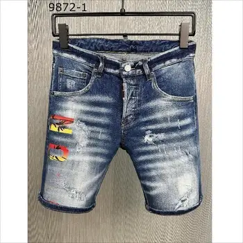 Мужские летние короткие джинсы с буквенным принтом, модные повседневные джинсовые шорты с тонкими дырками 9872-1 13