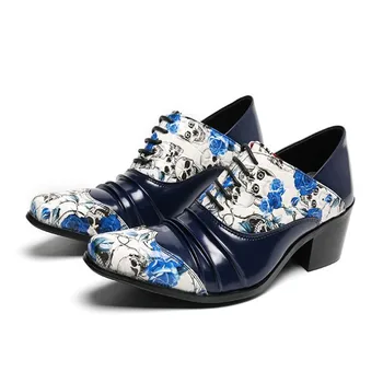 Мужские модельные туфли с острым носком в британском стиле на высоком каблуке с рисунком скелета и Розы, свадебные туфли на шнуровке, мужские кожаные вечерние туфли 5
