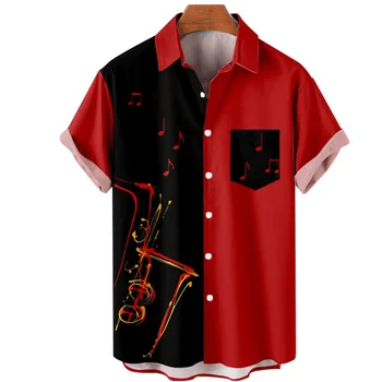 Мужские повседневные красные и черные рубашки с принтом в стиле пэчворк, летние мужские быстросохнущие топы на пуговицах с коротким рукавом и лацканами 4