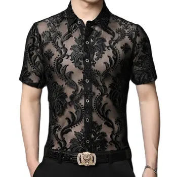 Мужские сексуальные прозрачные рубашки с вышивкой Lucky Clouds, Летние дышащие рубашки с коротким рукавом, модная мужская одежда для вечеринок и ночных клубов. 11