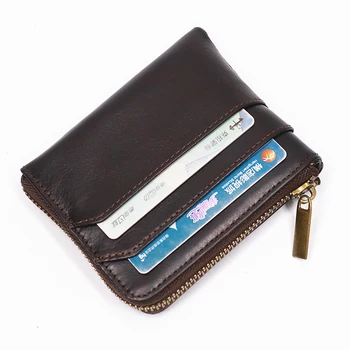 Мужской кошелек из натуральной кожи, оригинальный винтажный мужской кошелек из воловьей кожи на короткой молнии с держателем для карт, карманом для монет, прорезью для ключей, биркой для ключей 8