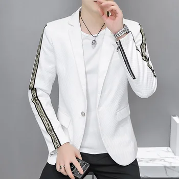 Мужской формальный блейзер Slim Fit, Осенняя новая корейская версия, модный тренд, Однотонный повседневный универсальный пиджак, мужская одежда 9