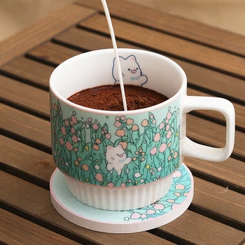 Мультяшная Керамическая Кружка с Кроликом и подставкой, Кофейная чашка с милым животным с ручкой, Бытовая Цветочная чашка 7