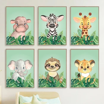 Настраиваемое искусство, Современная стена детской комнаты, плакат с животными в джунглях, Милый Тигренок, Ленивец, Слон, Жираф, Картина на холсте 5