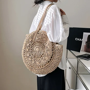 Новая Повседневная круглая плетеная из соломы сумка Ladise, Модные Летние Дорожные Пляжные сумки большой емкости, Женские простые Большие сумки 5