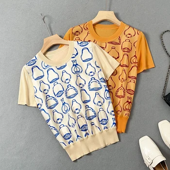 Новая трикотажная рубашка с принтом в стиле пэчворк из 100 саржевого шелка, летняя футболка с короткими рукавами, топ для женщин