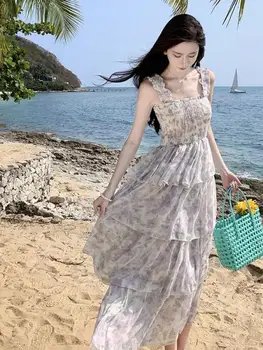 Новое модное винтажное женское летнее платье-комбинация с фиолетовым принтом, женские элегантные платья для праздничного торта, женское Сказочное длинное платье S-xl 17