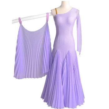 Новое платье для занятий бальными танцами из прессованного плиссированного шифона с высокой эластичностью, Стандартные женские современные костюмы для выступлений 1