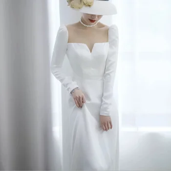 Новое платье невесты из атласа С длинными рукавами и квадратным воротником, Корейское элегантное Винтажное Простое свадебное платье для женщин 2021 17