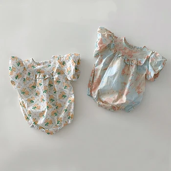 Новый Летний Милый Комбинезон с цветочным рисунком, хлопчатобумажная одежда для маленьких девочек, Комбинезон + повязка на голову, Одежда для новорожденных в возрасте от 0 до 24 м 11