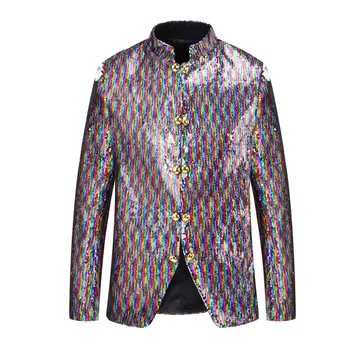 Новый мужской двубортный цветной блейзер с воротником-стойкой, двухсторонние блестки, меняющие цвет, Одежда для DJ Singer 2018, пиджак 13