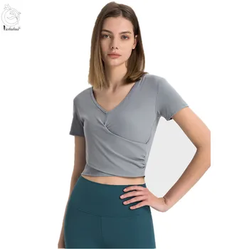 Новый укороченный топ Yushuhua для йоги с перекрестным подолом, женская тонкая спортивная футболка для бега с короткими рукавами и V-образным вырезом, быстросохнущая спортивная рубашка 9