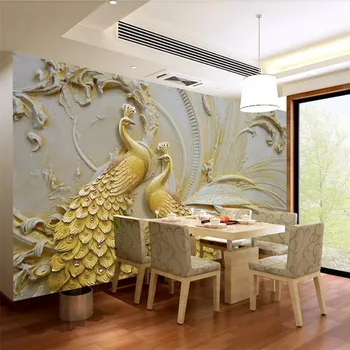 обои wellyu на заказ 3D стерео фотообои с тиснением золотой павлин фон настенная живопись papel de parede 3d обои 11