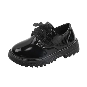 Обувь из искусственной кожи для мальчиков и девочек, весенние прогулочные кроссовки, модная обувь британского джентльмена на шнуровке, детские черные балетки на плоской подошве для вечеринки 16
