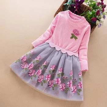 Осенне-зимнее теплое детское платье для девочки, платья-свитера с цветочным рисунком, Вязаное праздничное платье принцессы RT583